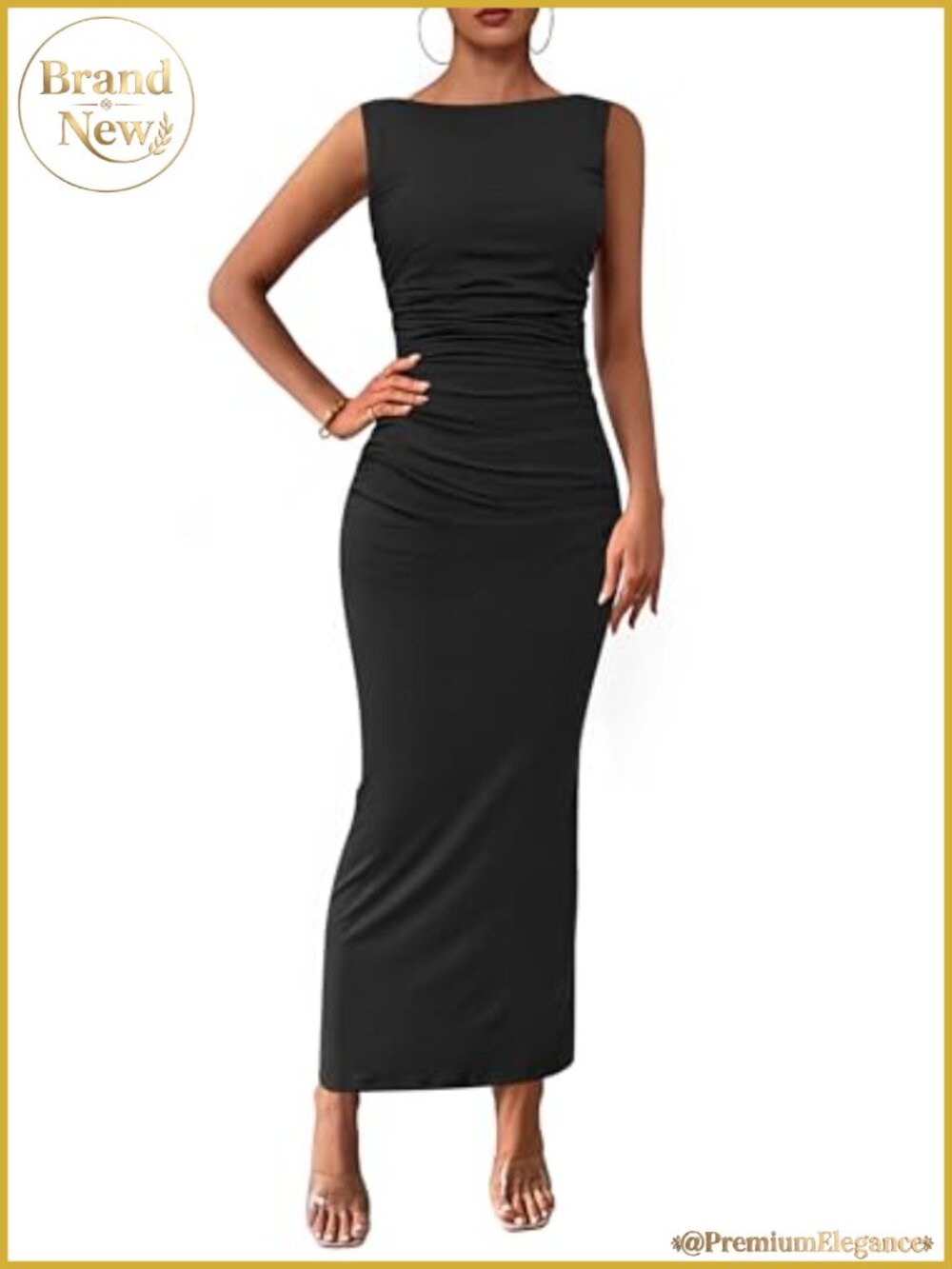Women's Bodycon Midi Dress Sleeveless Ruched Wedding Guest Cocktail